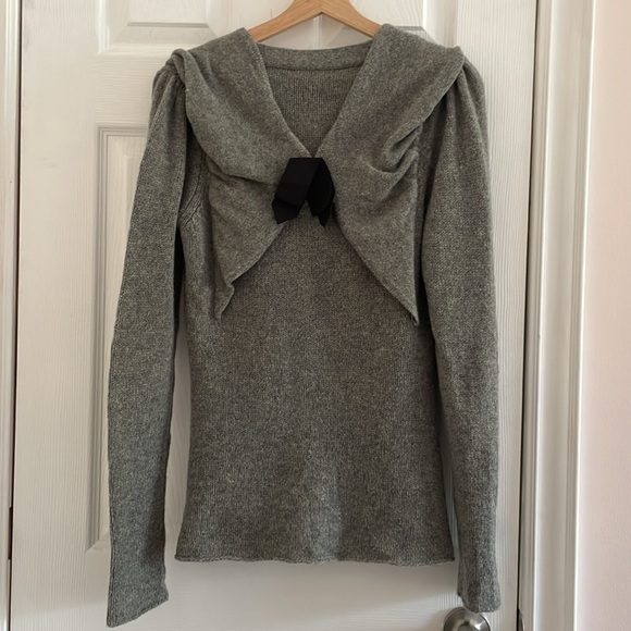 By Marlene Birger Gray Lambswool Cardigan with Black Gros Grain Ribbons Sz S - Picture 5 of 7